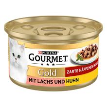 Bild 24 + 12 på köpet! 36 x 85 g Gourmet Gold - Möra bitar i sås - Lax & kyckling